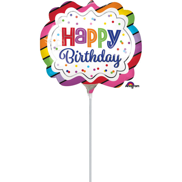 Balon foliowy mini Happy Birthday z patyczkiem / 9"