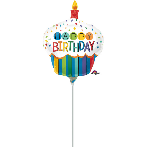 Balon foliowy mini Babeczka "Happy Birthday" z patyczkiem / 9"