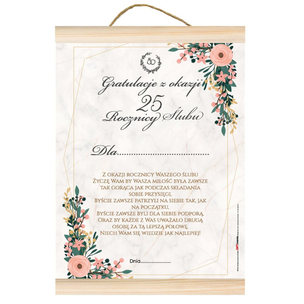 Dyplom na Rocznicę Ślubu - gratulacje "Z okazji 25 rocznicy ślubu"