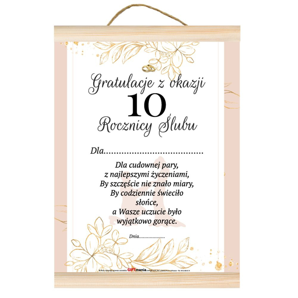 Dyplom na Rocznicę Ślubu - gratulacje "Z okazji 10 rocznicy ślubu."