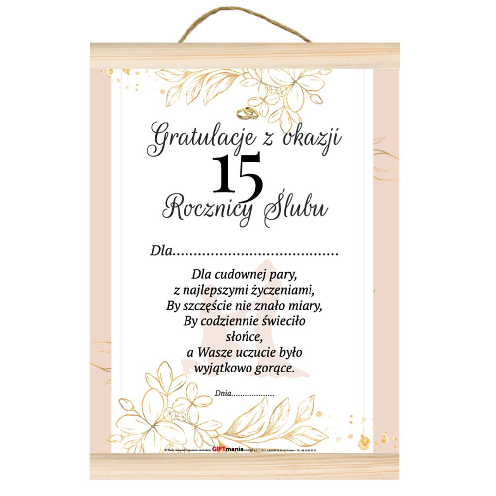 Dyplom na Rocznicę Ślubu - gratulacje "Z okazji 15 rocznicy ślubu."