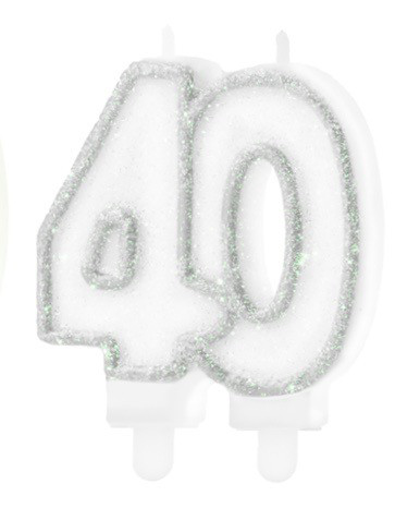Świeczka urodzinowa "40", srebrny brokat / 8,5 cm