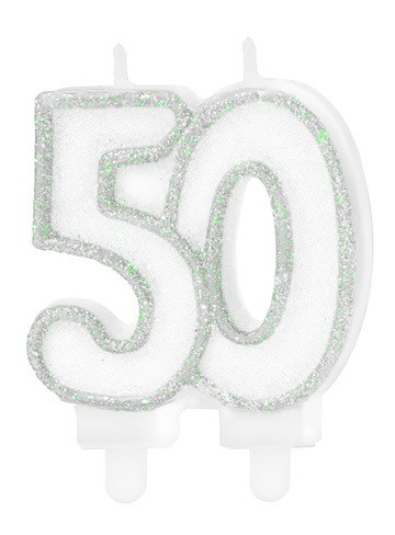 Świeczka urodzinowa "50", srebrny brokat / 8,5 cm