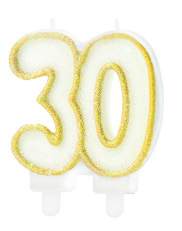 Świeczka urodzinowa "30", złoty brokat / 8,5 cm