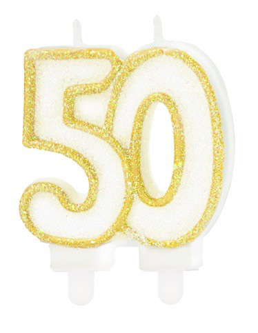 Świeczka urodzinowa "50", złoty brokat / 8,5 cm