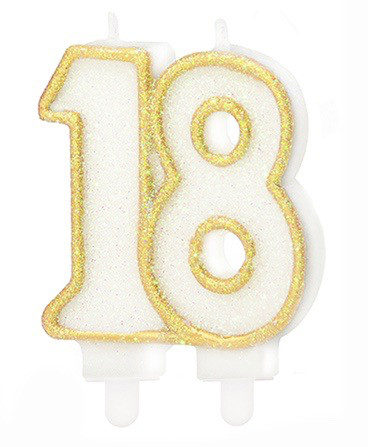 Świeczka urodzinowa "18", złoty brokat / 8,5 cm