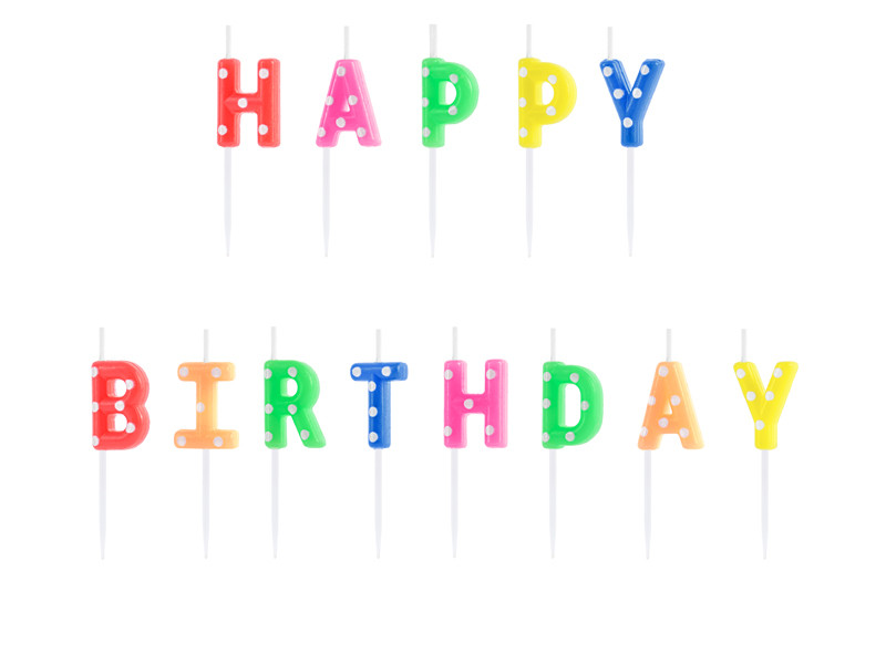 Świeczki urodzinowe kolorowy napis "Happy Birthday"