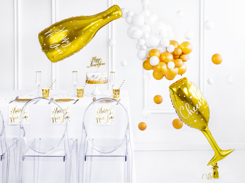Balon na Sylwestra "Butelka szampana Happy New Year", złoty balon foliowy / 32x82 xm