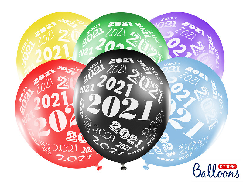 Balony na Sylwestra kolorowe z napisem "2021", balony lateksowe