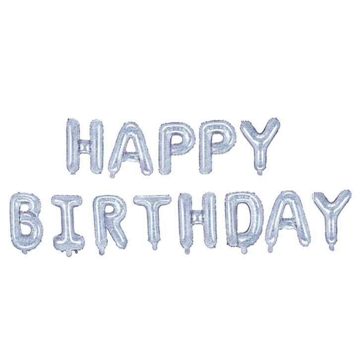 Balonowy napis "Happy Birthday", srebrny holograficzny