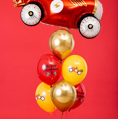 Balony "Happy Birthday" z autem, mix