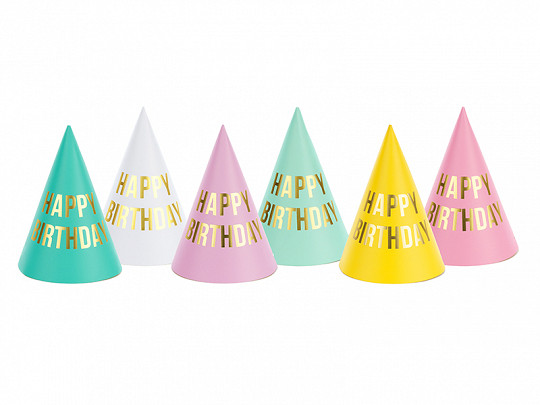 Czapeczki urodzinowe "Happy Birthday" , mix kolorów
