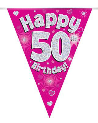 Girlanda różowe flagietki "50 urodziny"