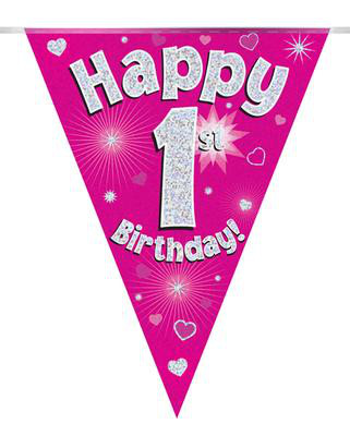 Girlanda różowe flagietki "1 urodziny"