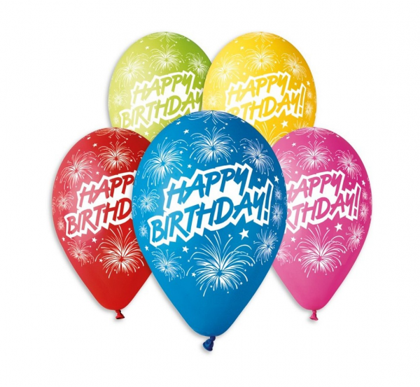 Balony lateksowe 12" "Happy Birthday" fajerwerki