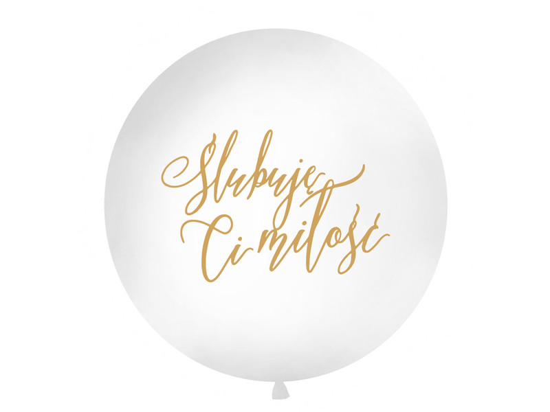 Balon lateksowy OLBO - biały ze złotym napisem "Ślubuję Ci miłość" / średnica 1m