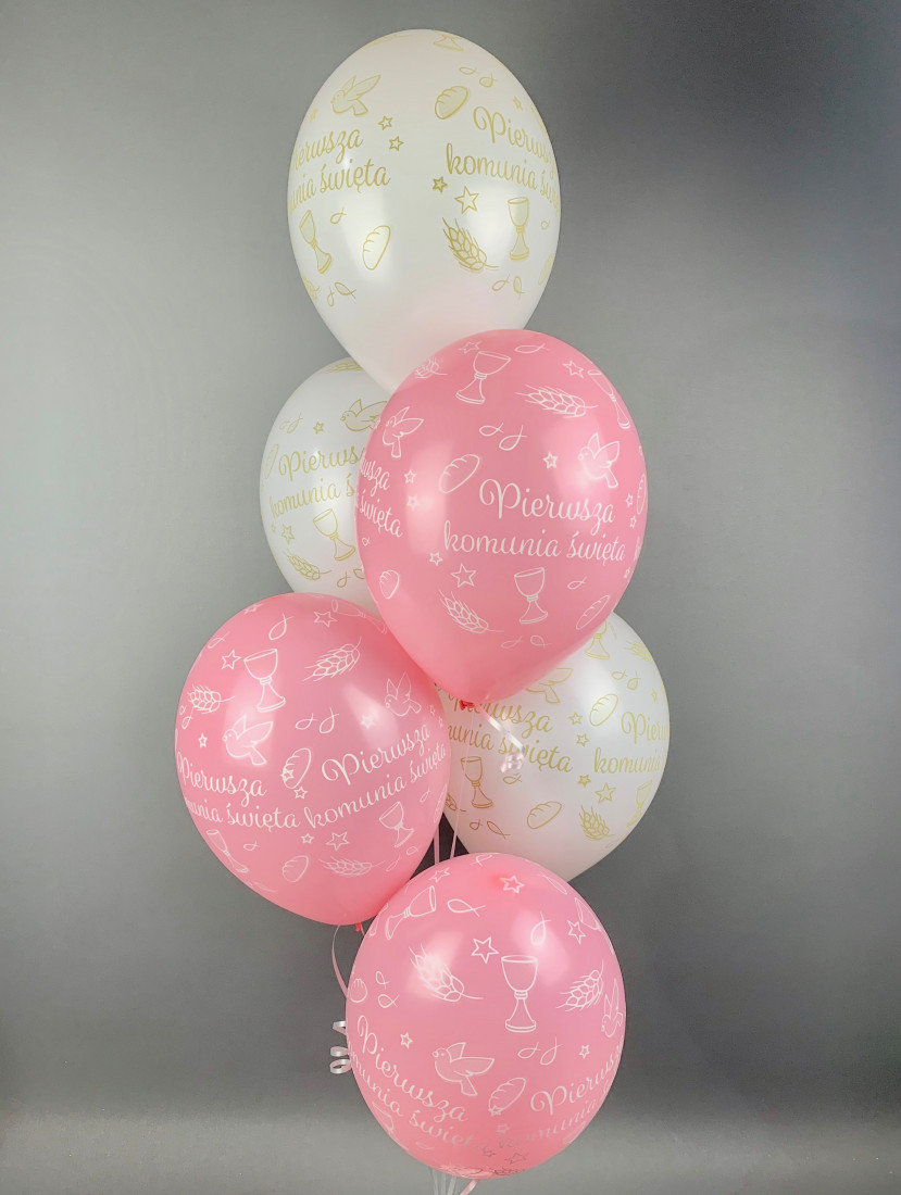 Balony Komunijne lateksowe na I Komunię Świętą, róż-biel