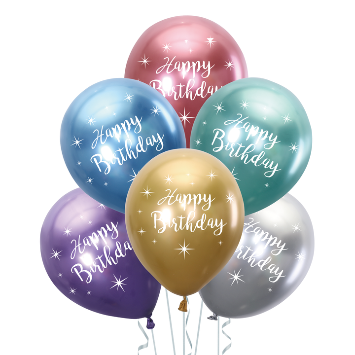 Balony lateksowe 12" chromowane Happy Birthday, mix kolorów
