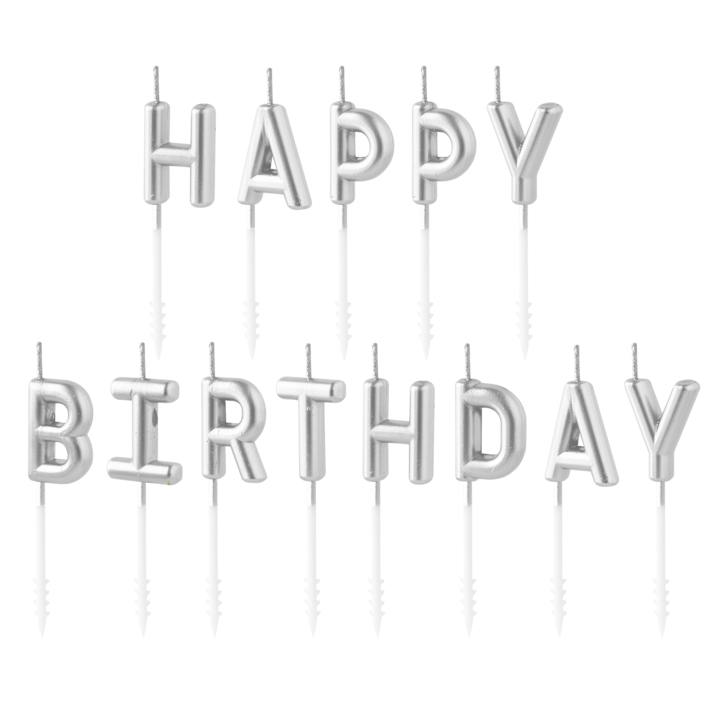Świeczki urodzinowe "Happy Birthday", srebrne