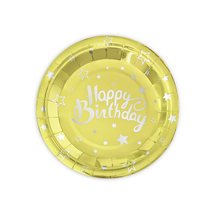 Złote talerzyki papierowe "Happy Birthday" na urodziny / 18 cm