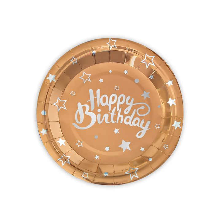 Różowe złoto talerzyki papierowe "Happy Birthday" na urodziny / 18 cm