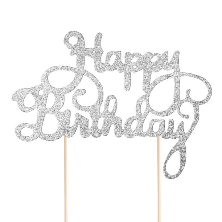 Brokatowy, srebrny topper na tort "Happy Birthday"