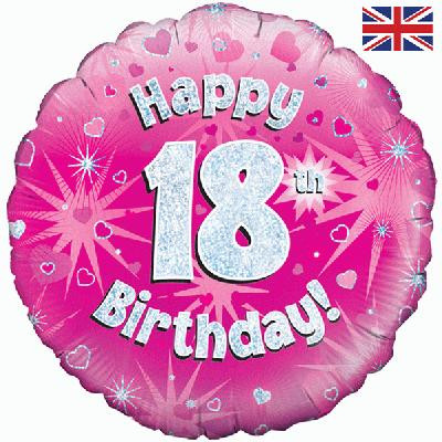 Różowy balon foliowy holograficzny "Happy 18 Birthday"