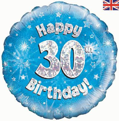 Niebieski balon foliowy holograficzny "Happy 30 Birthday"