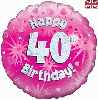 Różowy balon foliowy holograficzny "Happy 40 Birthday"