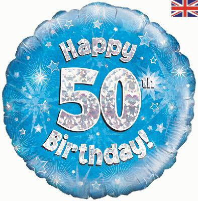 Niebieski balon foliowy holograficzny "Happy 50 Birthday"