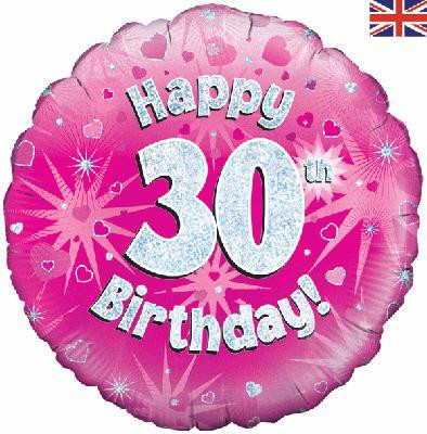 Różowy balon foliowy holograficzny "Happy 30 Birthday"