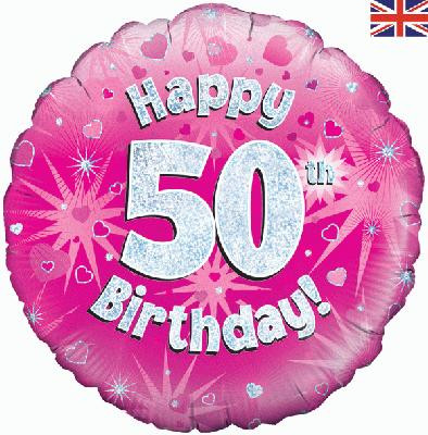 Różowy balon foliowy holograficzny "Happy 50 Birthday"
