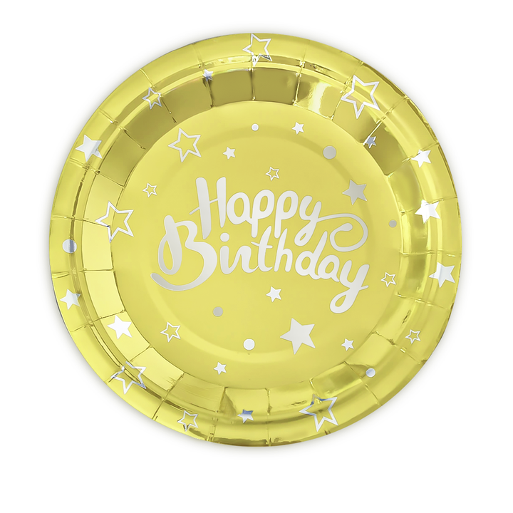 Złote talerzyki papierowe "Happy Birthday" na urodziny / 23 cm