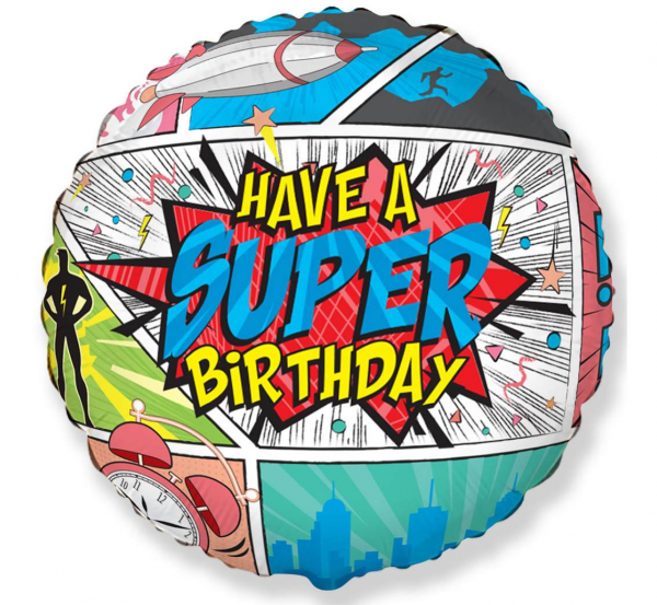 Balon foliowy "Super Birthday - Comic"  (niezapakowany)
