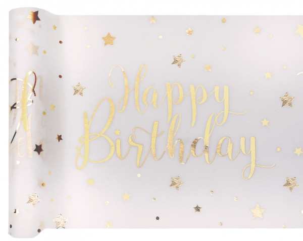 Bieżnik flizelinowy ze złotym napisem Happy Birthday / 30 cm x 5 m