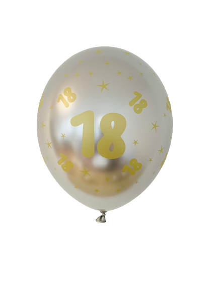 Balony srebrne Glossy ze złotym nadrukiem "18"