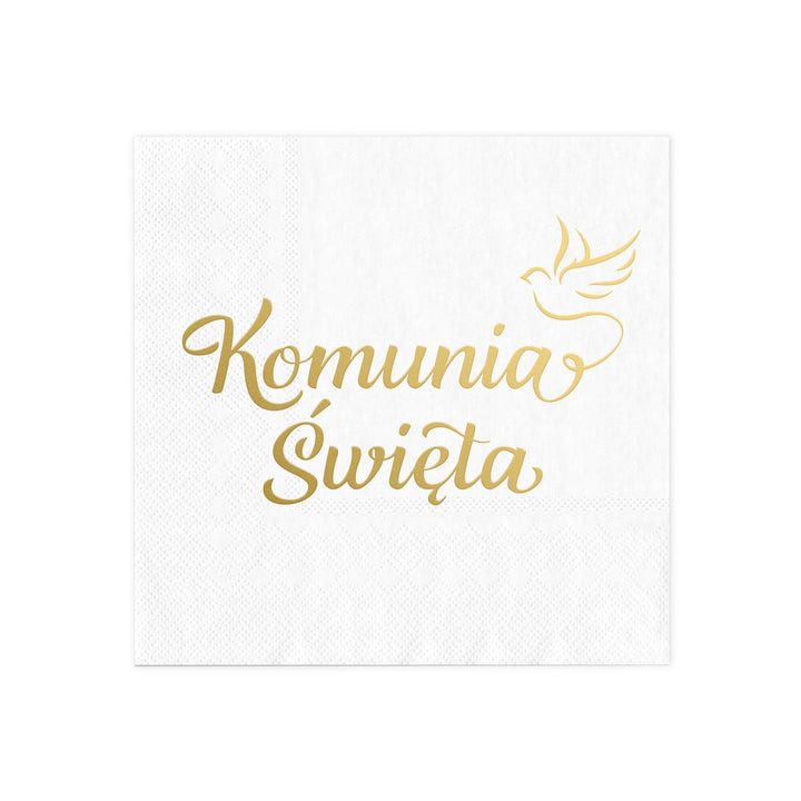 Serwetki białe ze złotym napisem Komunia Święta / 33x33 cm