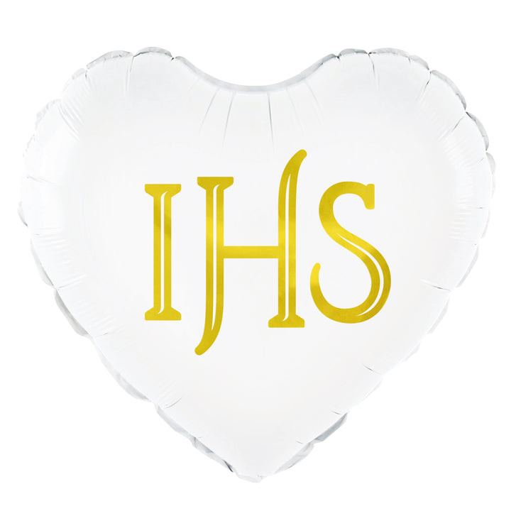 Balon foliowy białe serce ze złotym napisem IHS / 45 cm