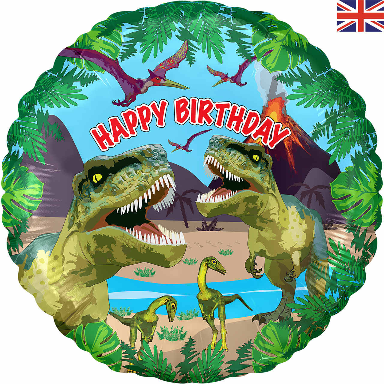 Balon foliowy "Happy Birthday" Dinozaury / 46 cm
