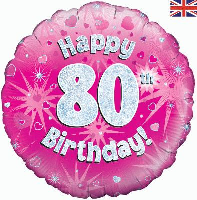 Różowy balon foliowy holograficzny "Happy 80 Birthday"