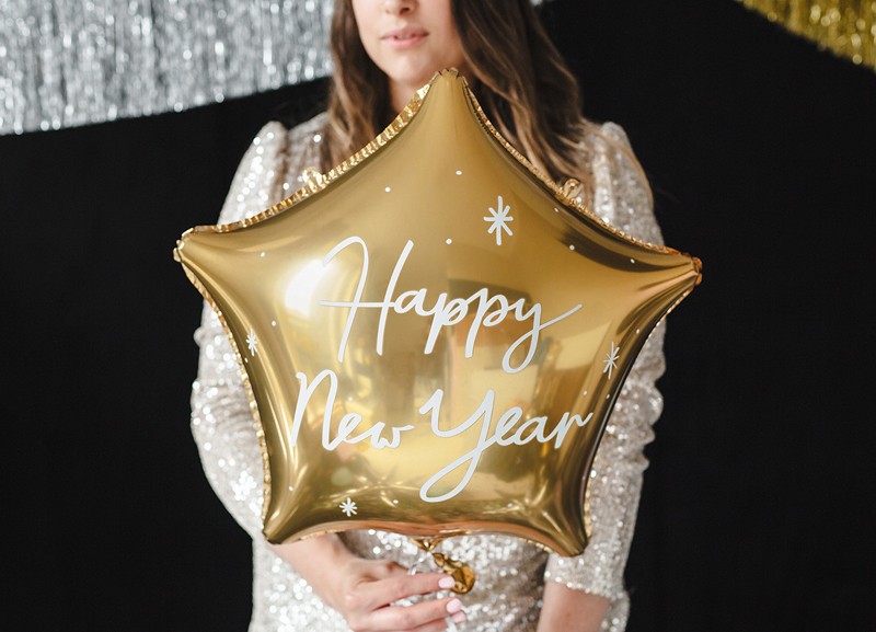 Balon foliowy złota gwiazdka "Happy New Year" / 47x50 cm