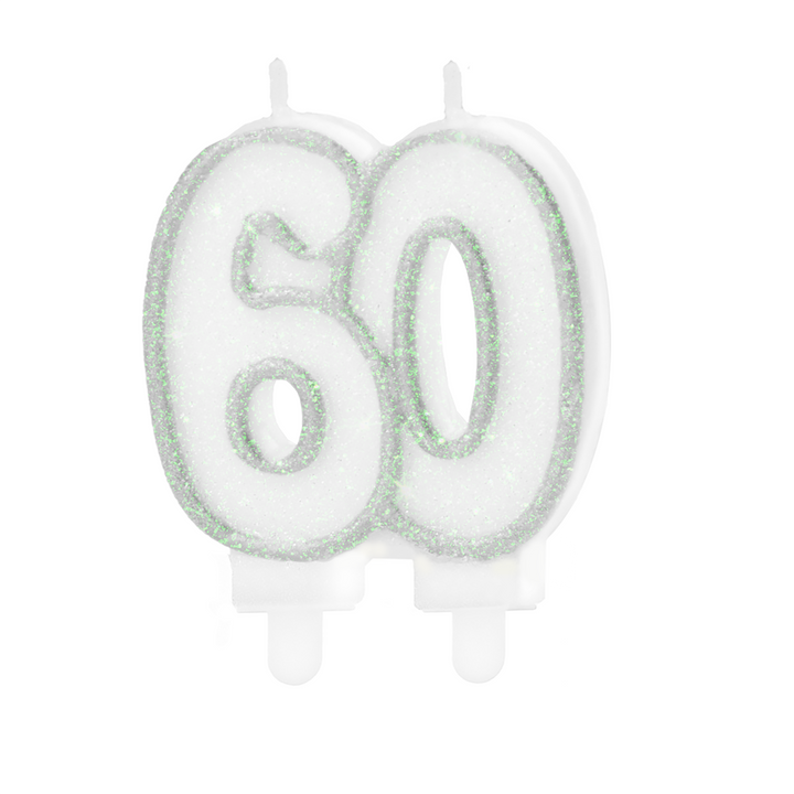 Świeczka urodzinowa "60", srebrny brokat / 8,5 cm