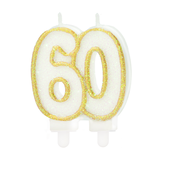 Świeczka urodzinowa "60", złoty brokat / 8,5 cm