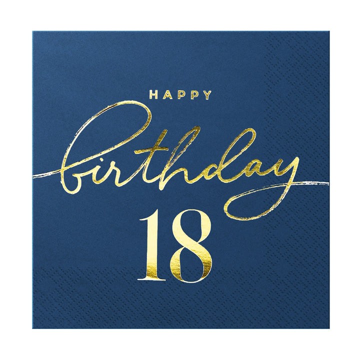 Serwetki granatowe ze złotym napisem "Happy Birthday 18"