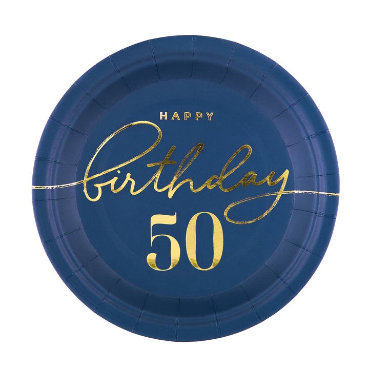 Talerzyki granatowe ze złotym napisem "Happy Birthday 50"
