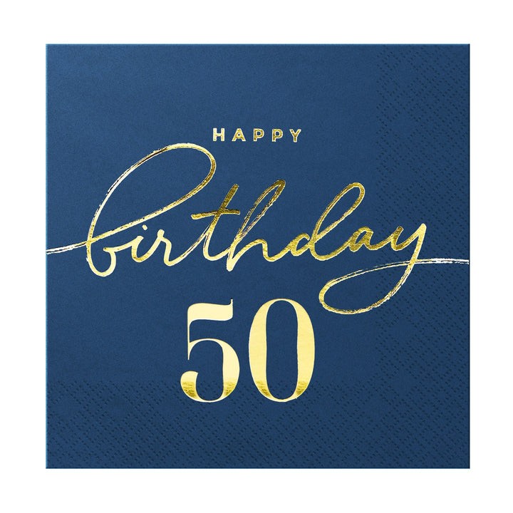 Serwetki granatowe ze złotym napisem "Happy Birthday 50"