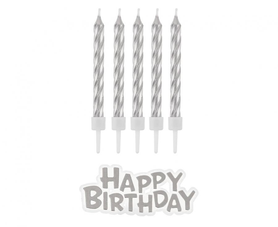 Świeczki urodzinowe srebrne "Happy Birthday"