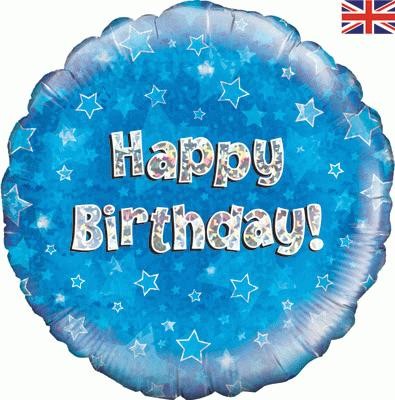 Niebieski balon holograficzny Happy Birthday